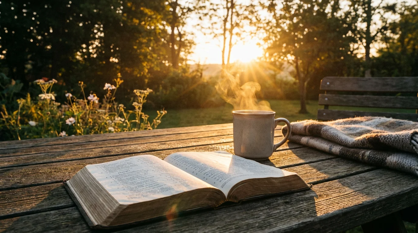 An open Bible and warm mug on a table at sunrise beside a garden.