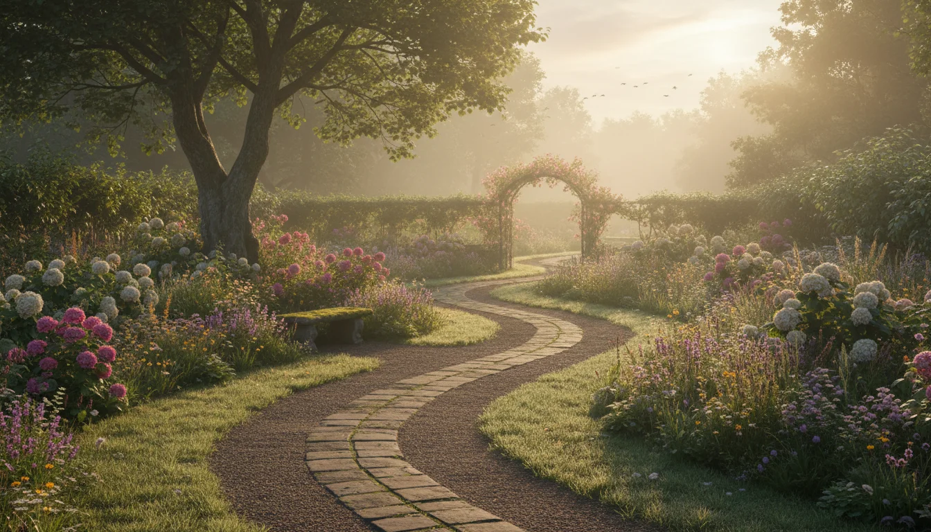 A peaceful sunrise over a garden path that invites quiet reflection.