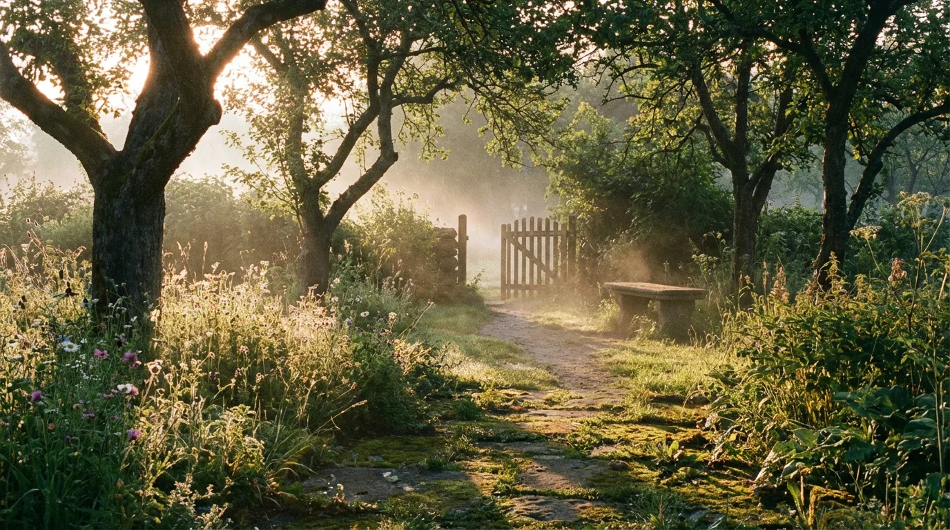 A quiet garden path at sunrise invites peaceful reflection.