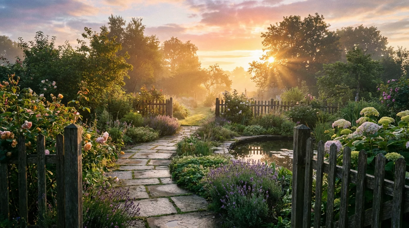 Sunrise over a quiet garden path suggesting hope and restoration.