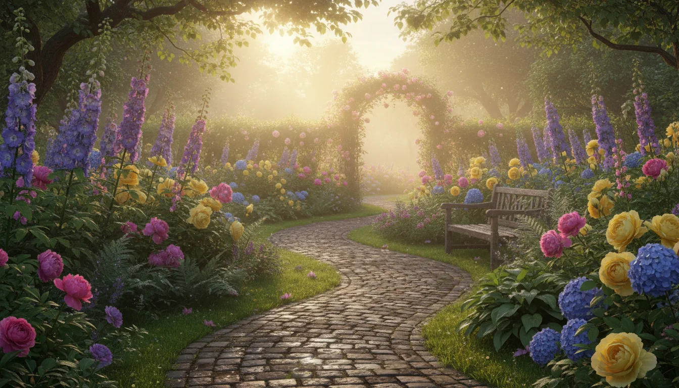 Sunrise lighting a peaceful garden path after rain, suggesting healing.