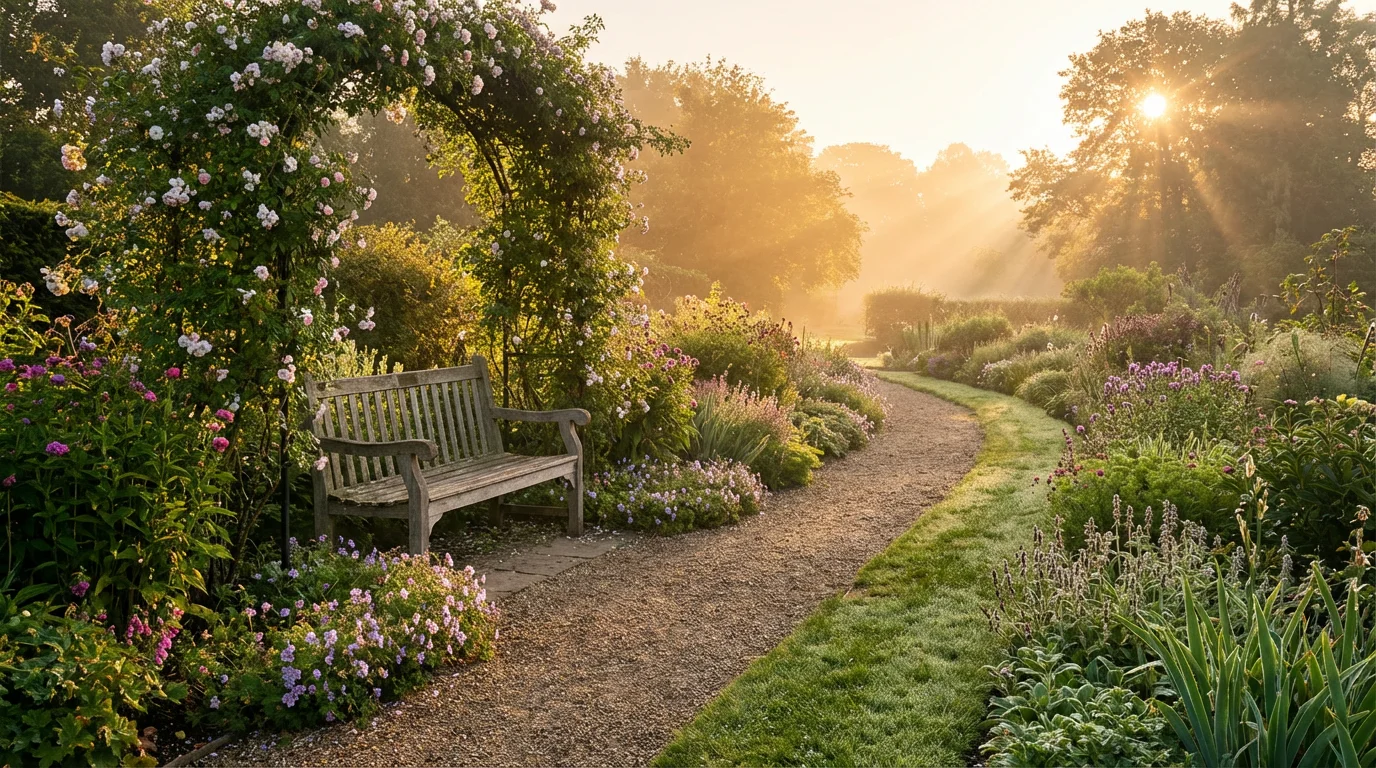 Sunrise light over a quiet garden path with a wooden bench and calm atmosphere.