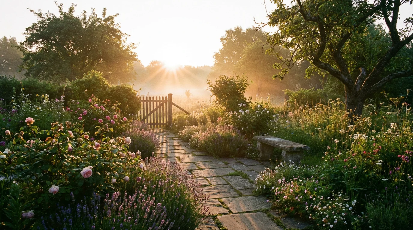 Sunrise lighting a peaceful garden path that invites a quiet walk.