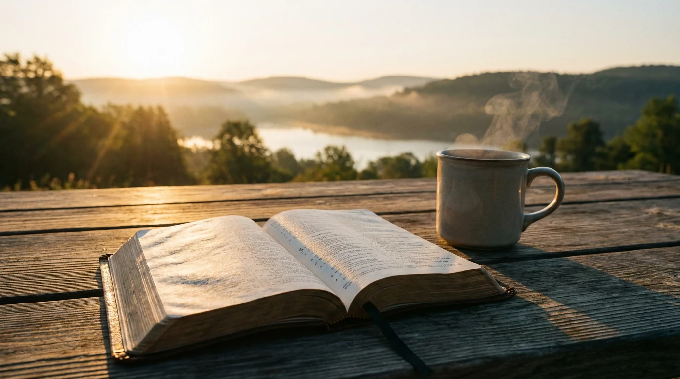 An open Bible and warm mug on a garden table at sunrise.