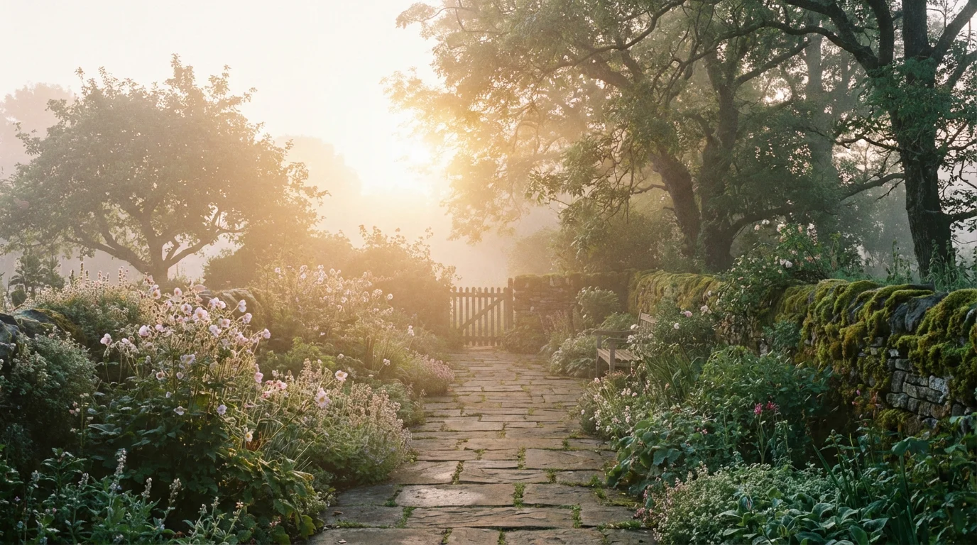 Soft sunrise light over a quiet garden path, suggesting calm and hope.
