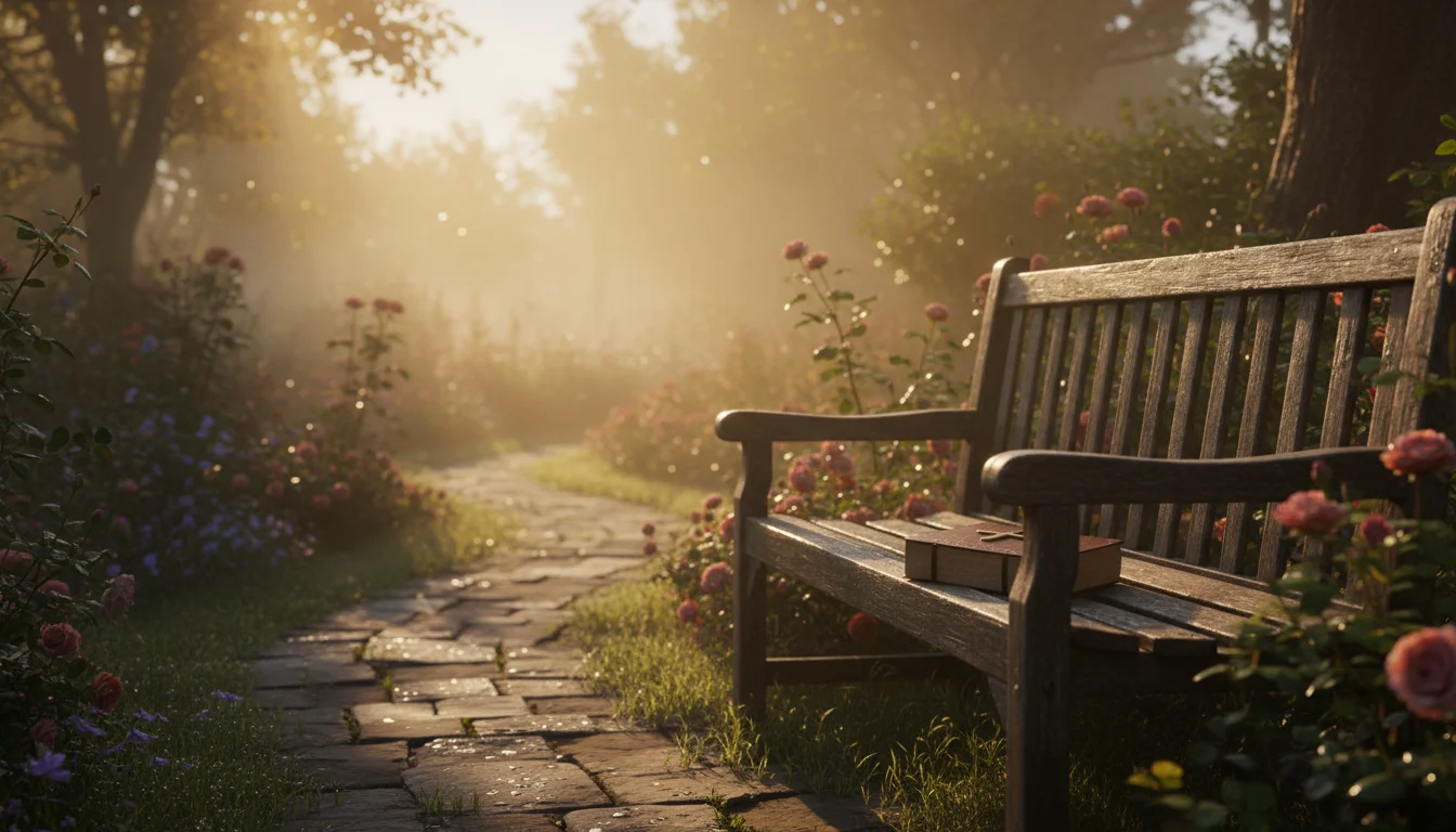 A narrow garden path at sunrise with a bench and a closed Bible.