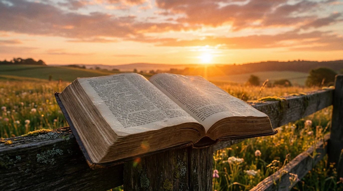 An open Bible on a table at sunrise with a warm, peaceful atmosphere.