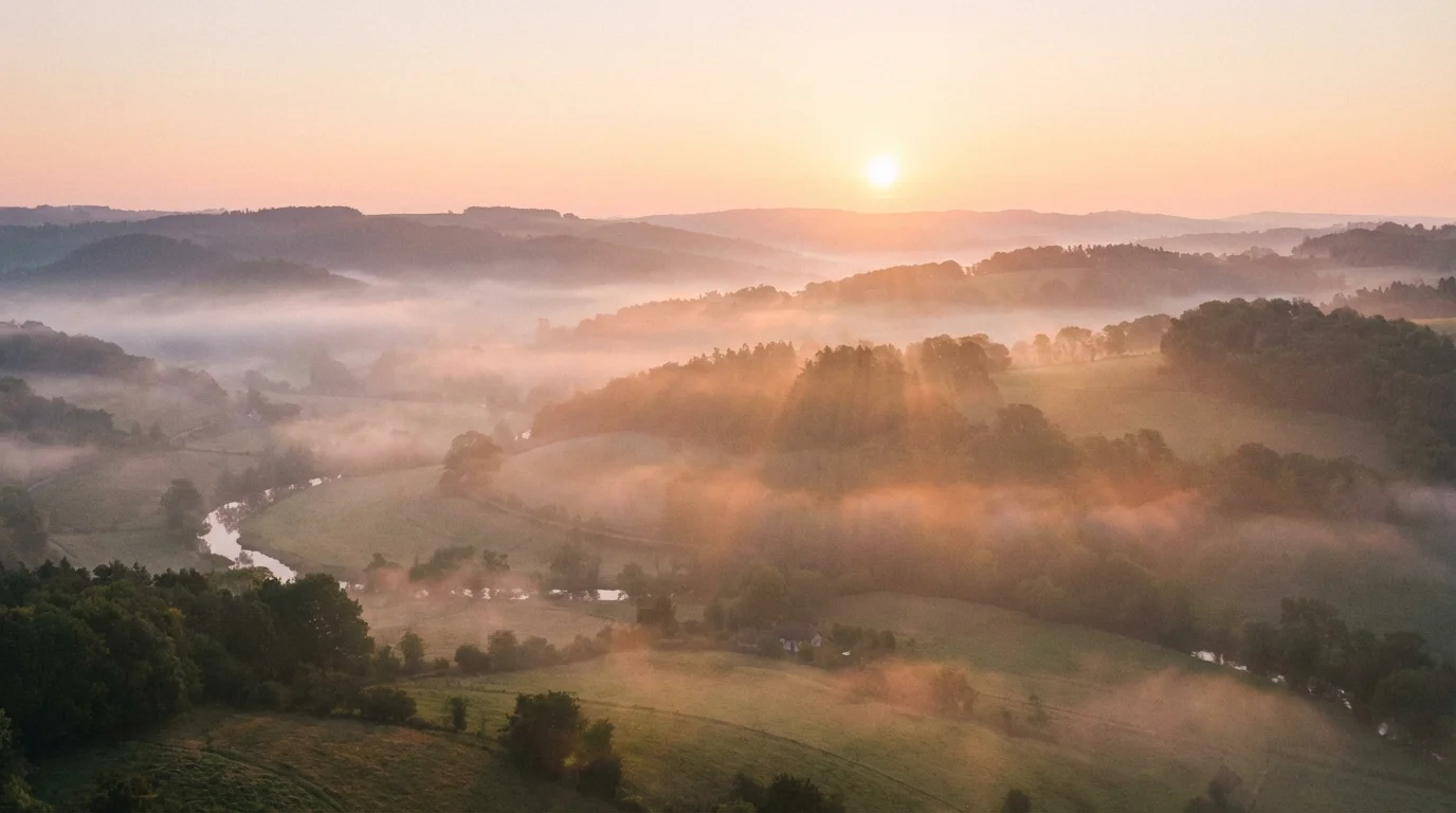 Soft sunrise over misty hills suggesting hope and quiet comfort.