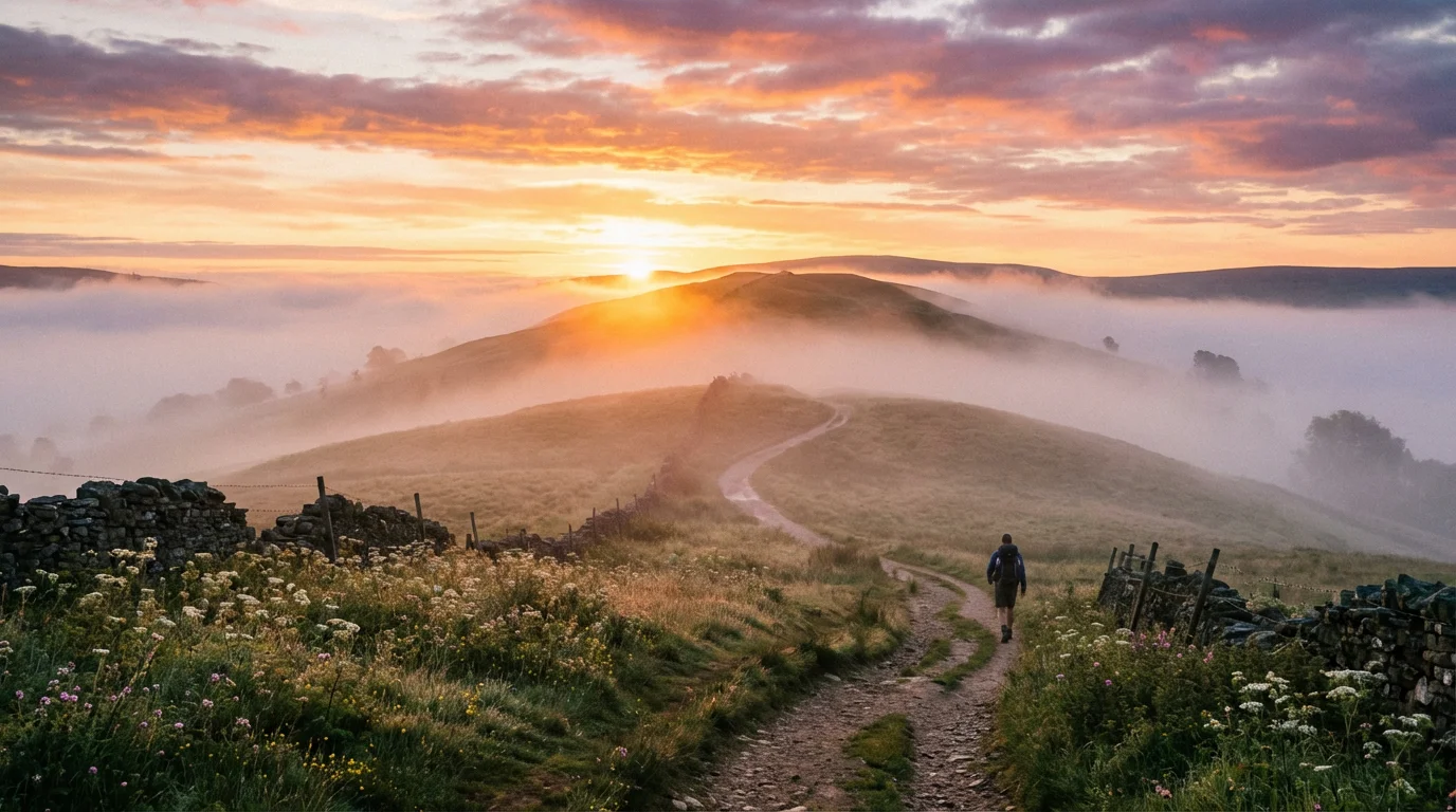 A calm sunrise over misty hills with a winding path, suggesting hope.