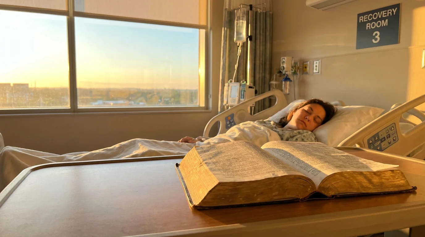 Sunrise light filling a calm recovery room with a Bible on the table.