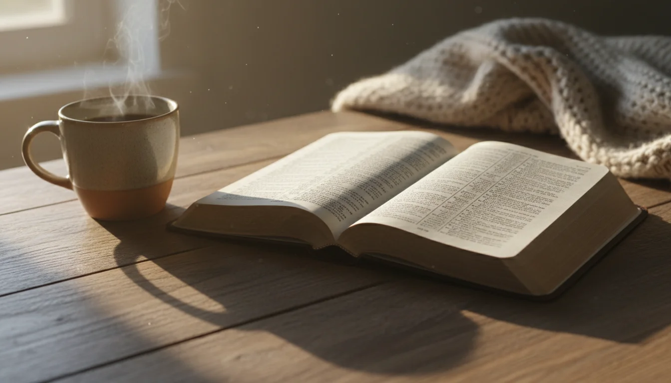 A peaceful morning scene with an open Bible and a warm mug on a wooden table.