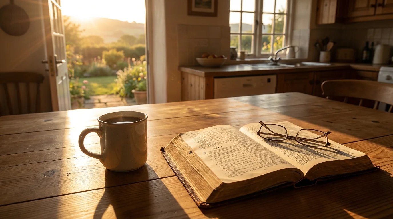 A quiet kitchen table at sunrise with an open Bible and a warm mug.