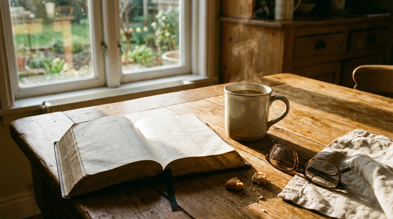 A sunlit kitchen table with an open Bible and a warm mug, inviting reflection.