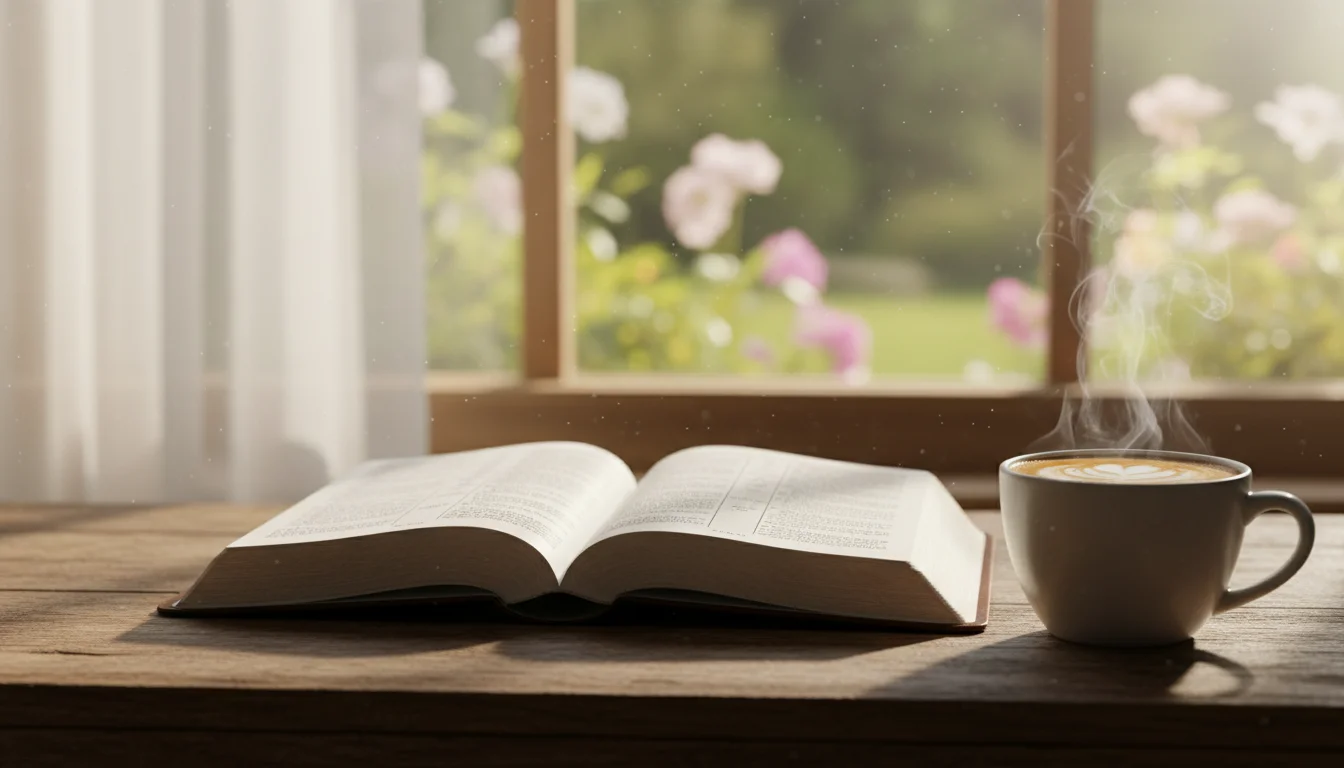 An open Bible by a morning window with coffee and soft light.