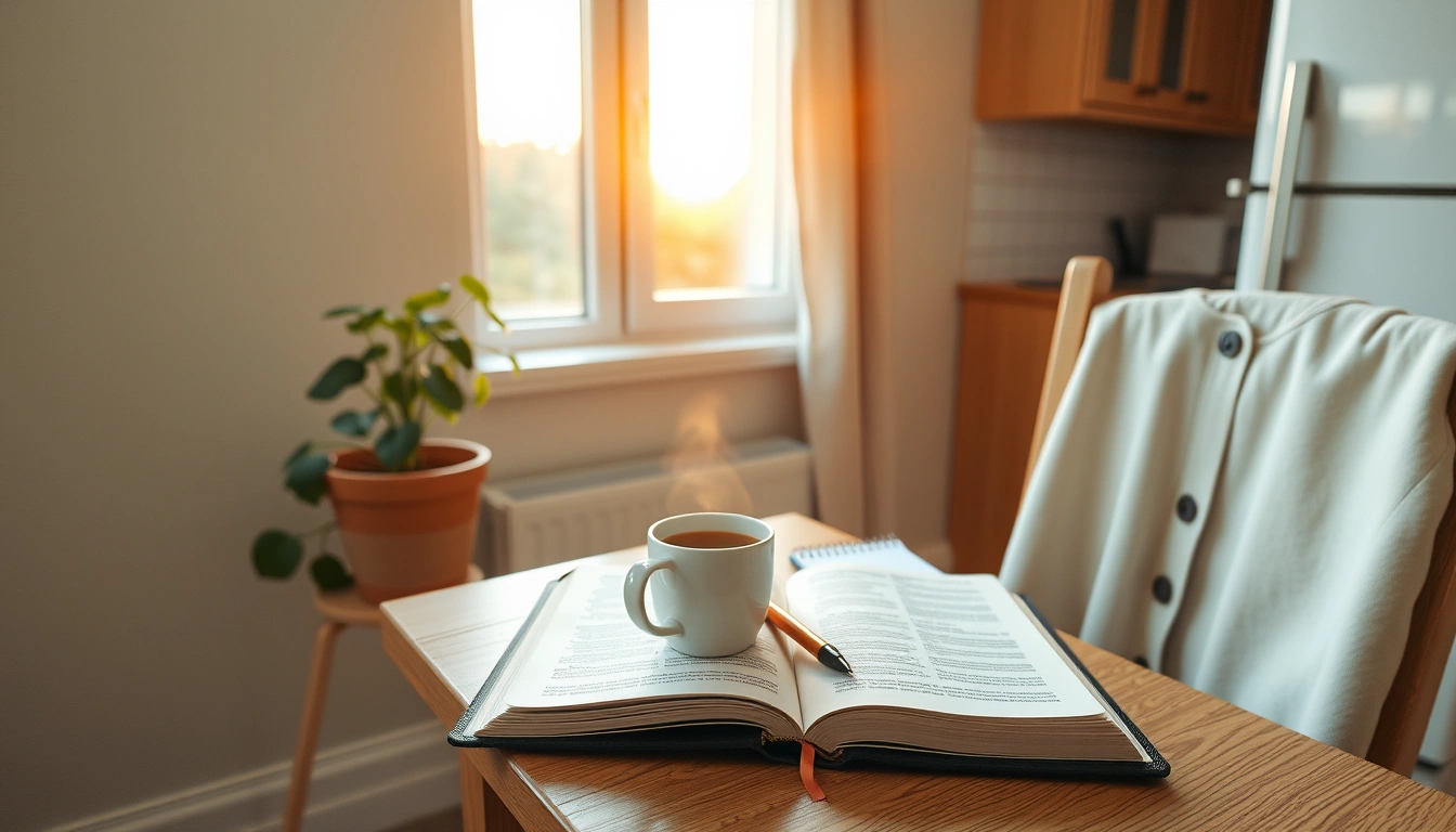 Sunrise light warming a kitchen table set with an open Bible and coffee.