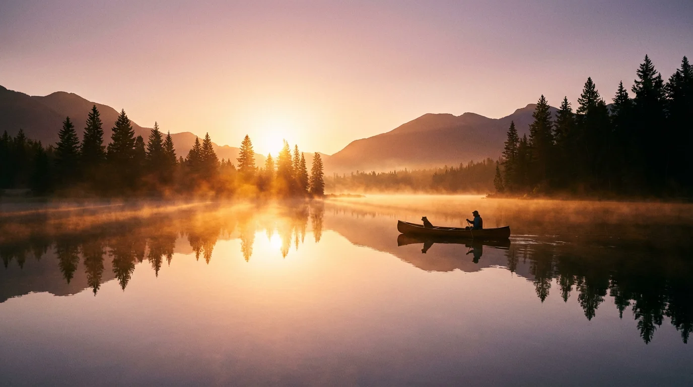 A peaceful sunrise over a still lake invites quiet prayer and calm.