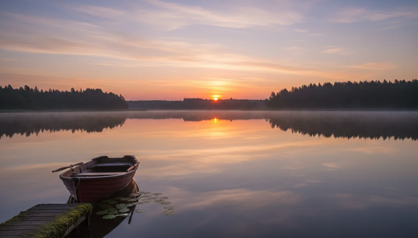 A peaceful sunrise over a calm lake suggesting a fresh start.
