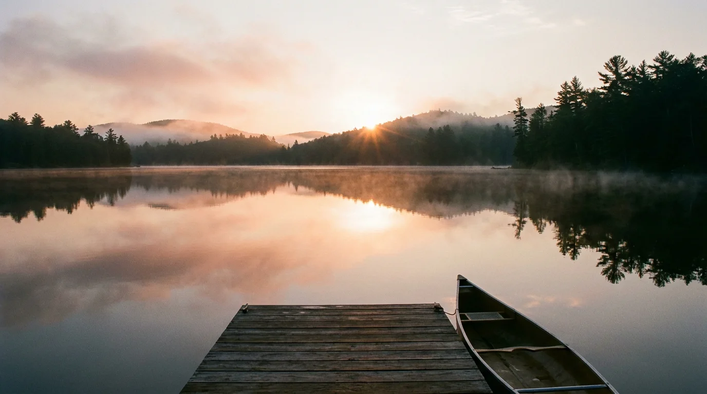 A peaceful sunrise over a still lake invites quiet reflection.