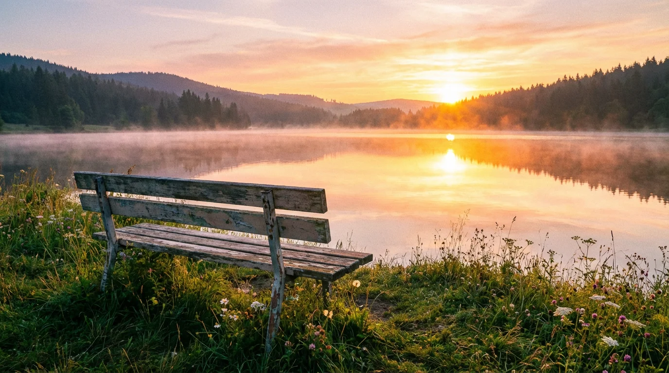 A gentle sunrise over a quiet lake with an empty bench by the shore.