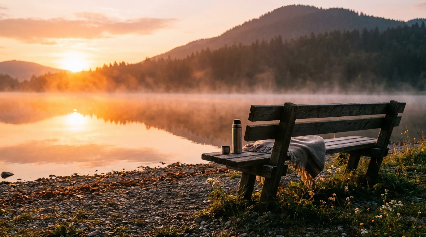 A quiet lakeside sunrise with an empty bench and gentle light.