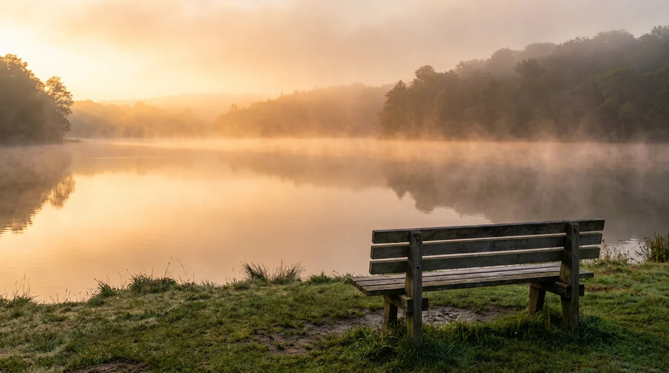 A quiet sunrise over a misty lake with an empty bench nearby.