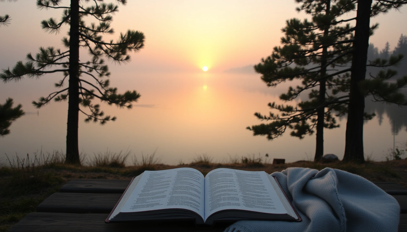 A peaceful sunrise over a quiet lake with an open Bible on a bench.
