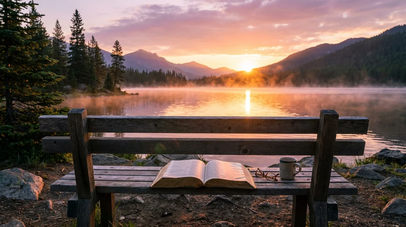Sunrise over a quiet lake with an open Bible on a bench.