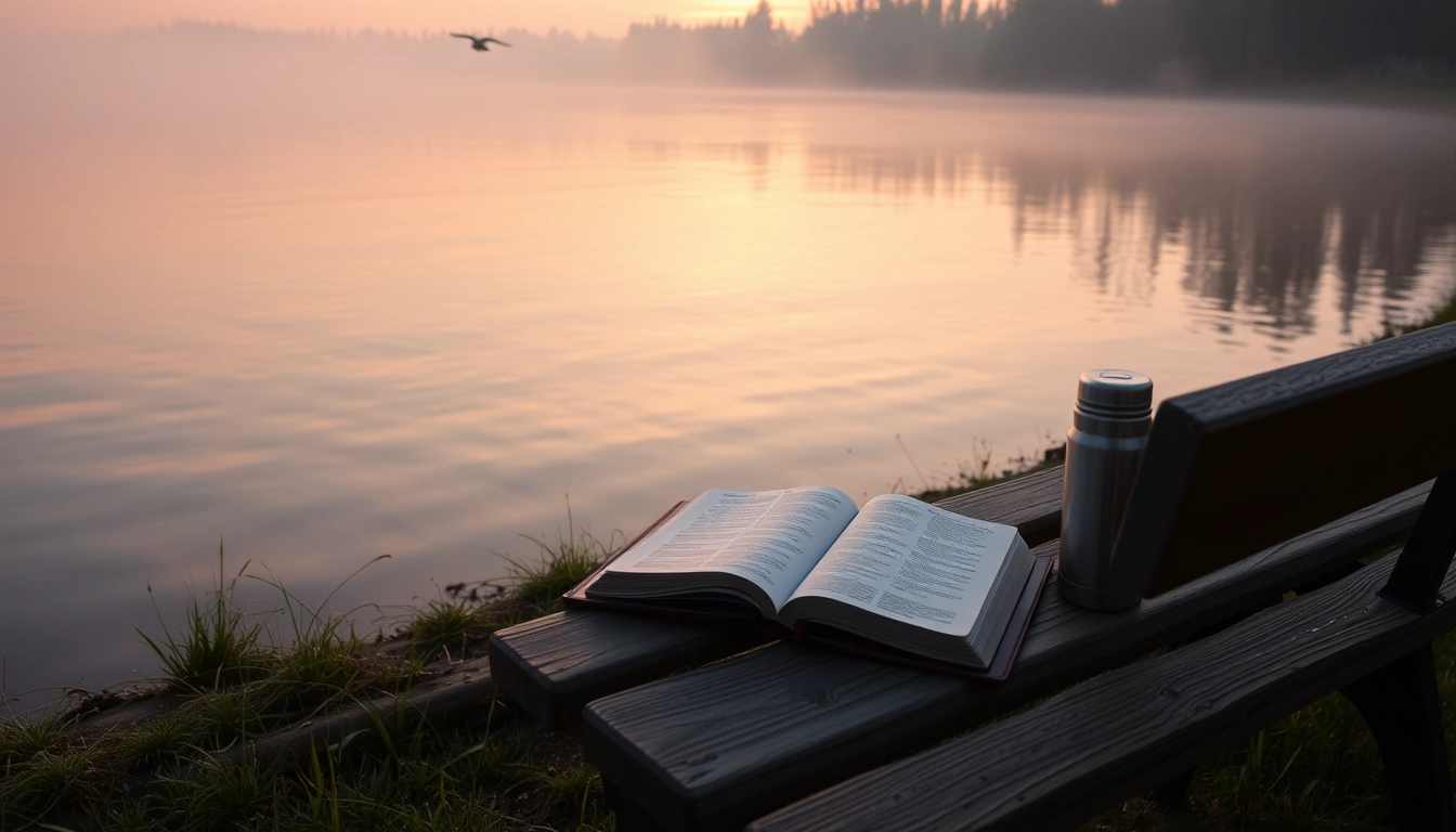 Quiet sunrise by a lake with an open Bible on a bench.