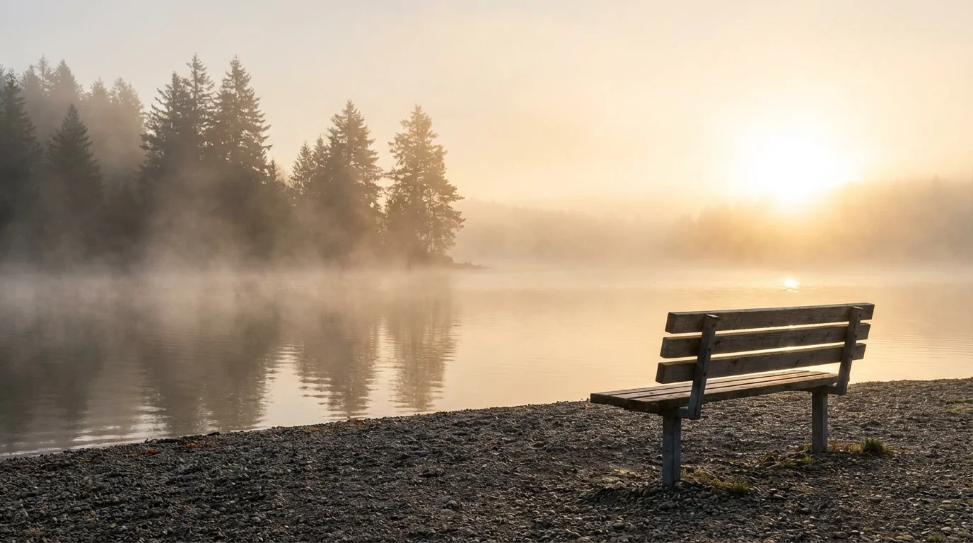 Soft sunrise over a misty lake with a simple bench by the shore.