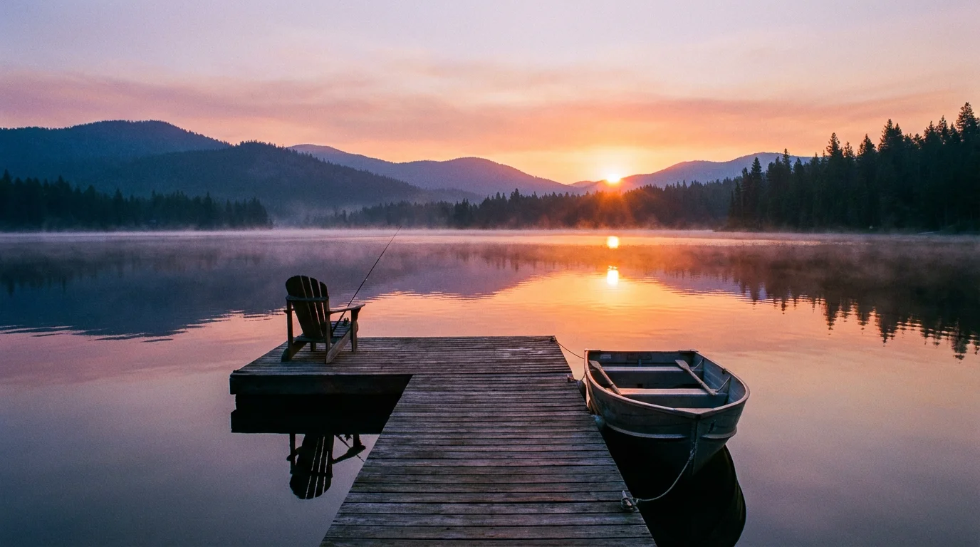 A peaceful sunrise over a still lake with a wooden dock, evoking hope.
