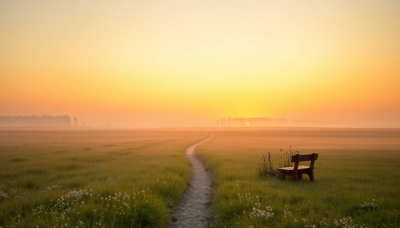 Gentle sunrise over a misty meadow with a quiet path.