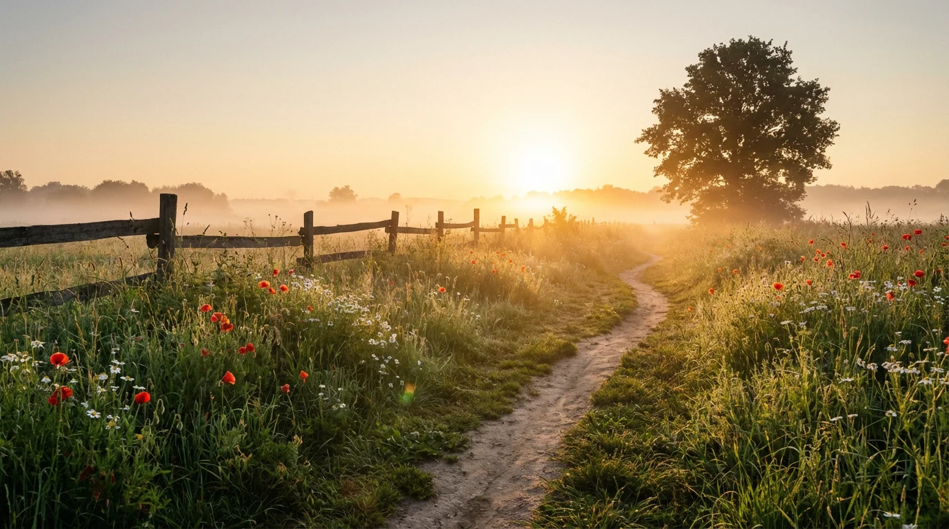 Sunrise over a quiet meadow with a simple footpath, evoking calm.