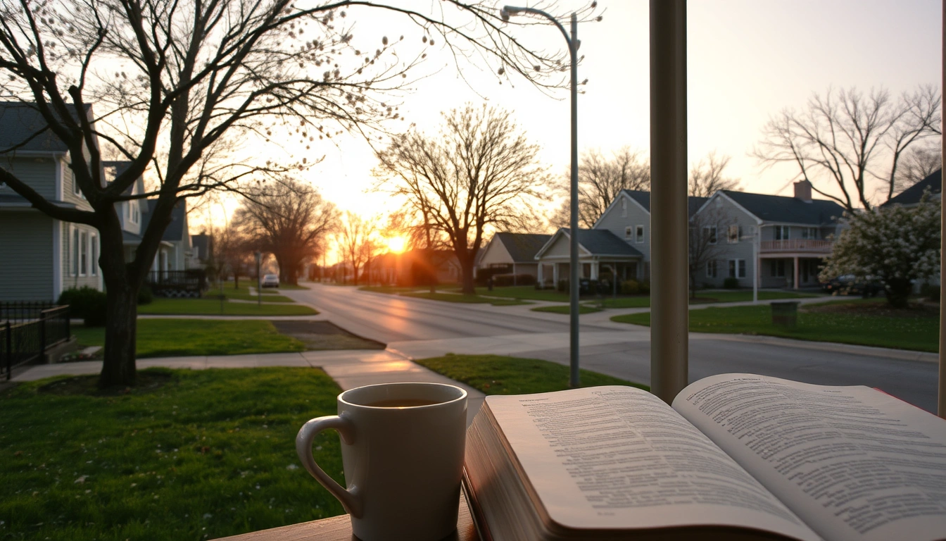 Sunrise over a quiet neighborhood with an open Bible on a porch table.