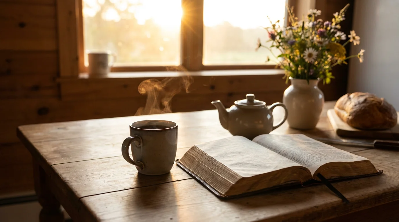 Sunrise light over a kitchen table with an open Bible and tea.