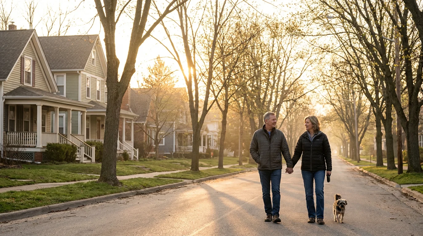 A couple walks a quiet neighborhood at sunrise, reflecting on next steps.