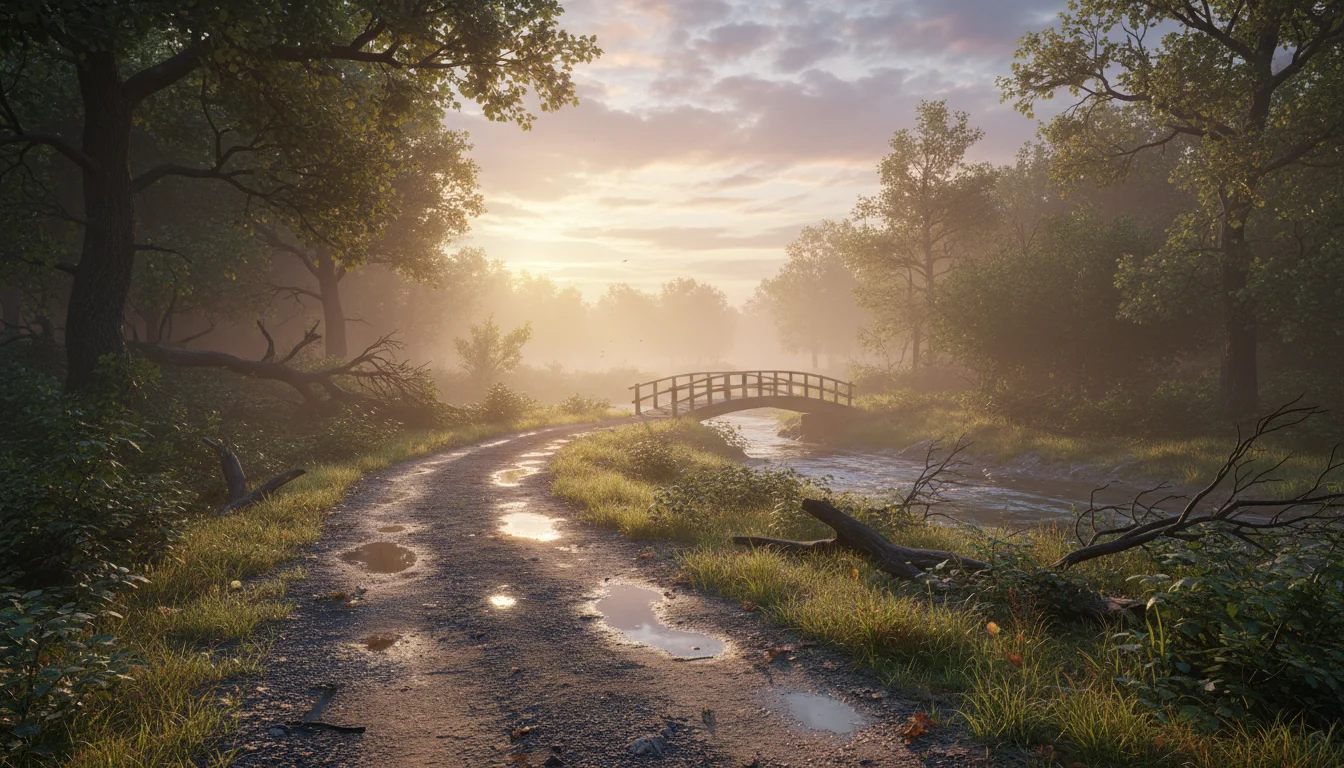 A calm morning path after a storm with warm sunrise light.