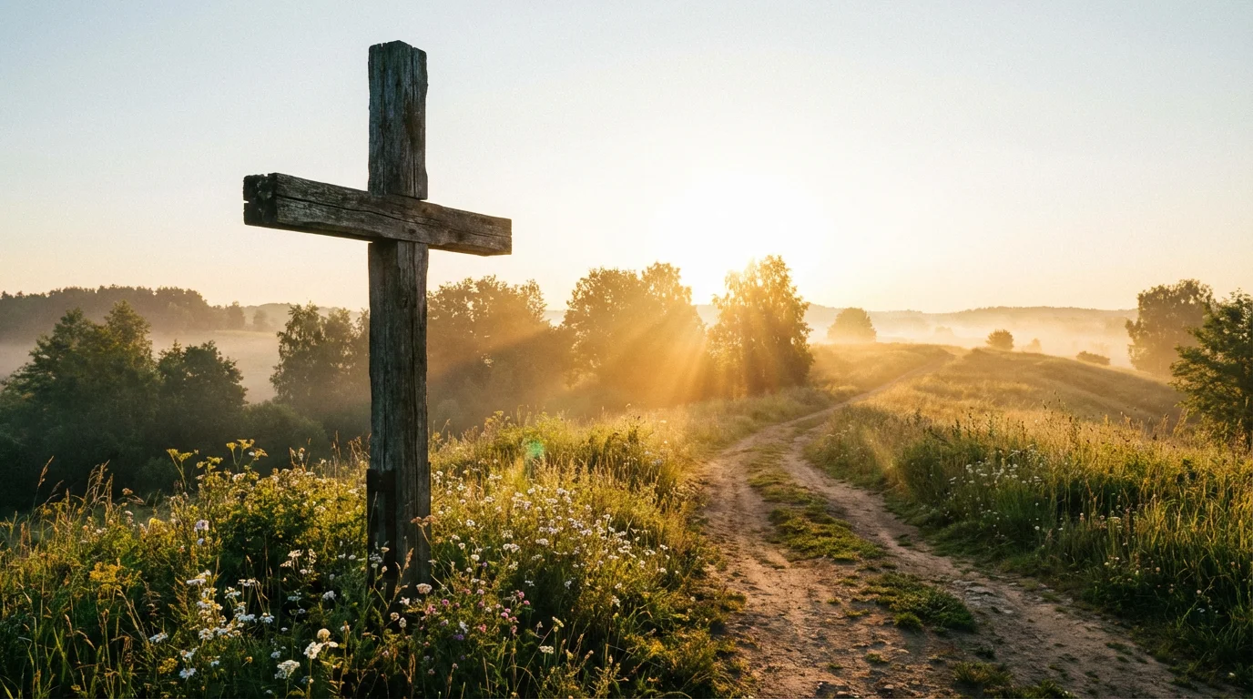 A humble wooden cross beside a sunlit path at dawn.