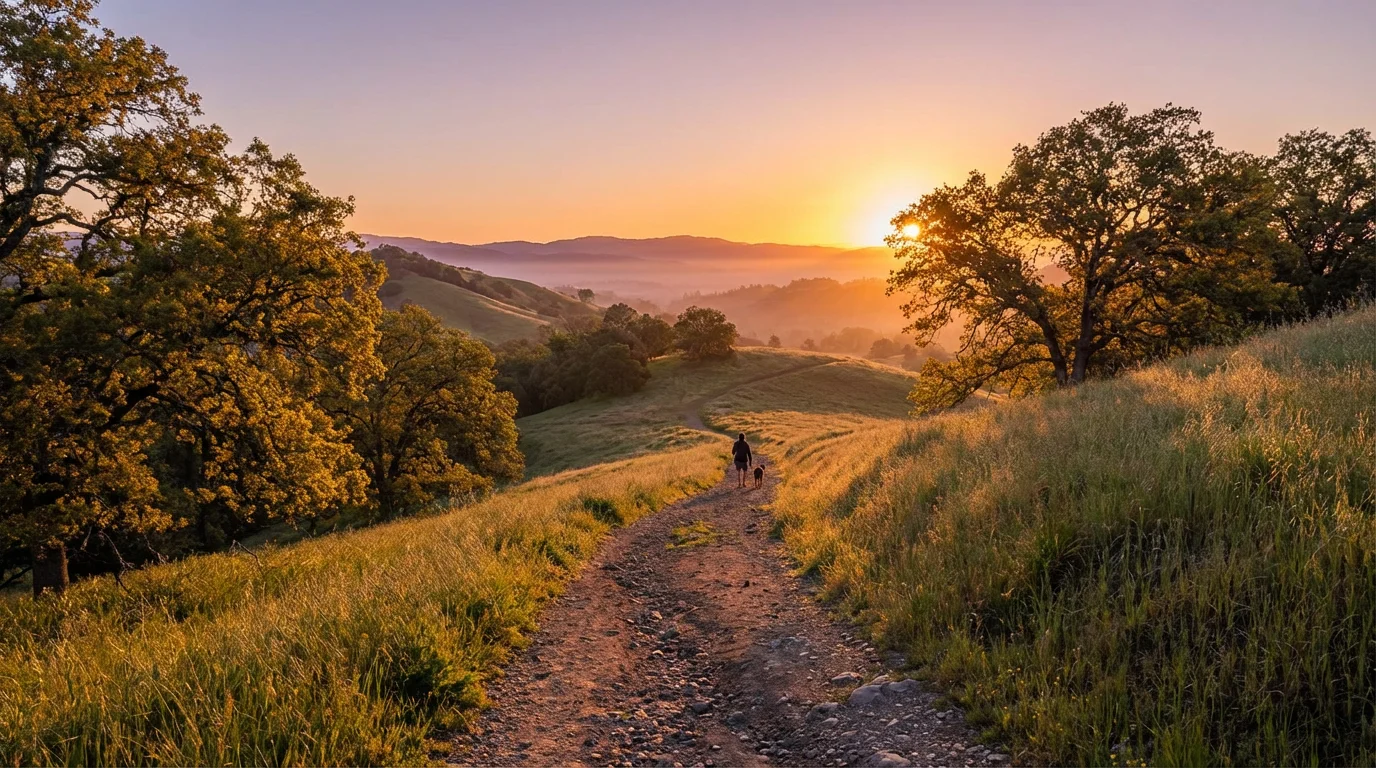 Sunrise light over a quiet path, suggesting a fresh start in calm.