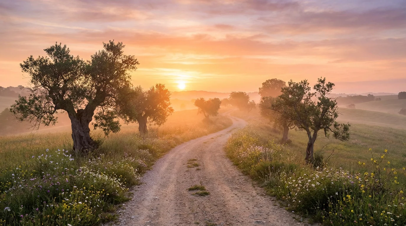 Sunrise lighting a quiet path that suggests a hopeful new beginning.