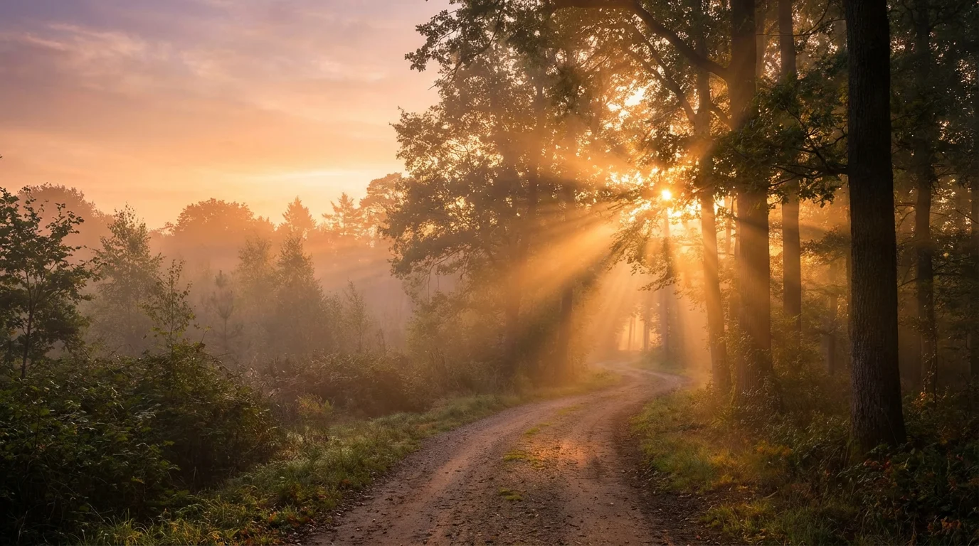 Sunrise light over a quiet forest path suggesting clarity and hope.