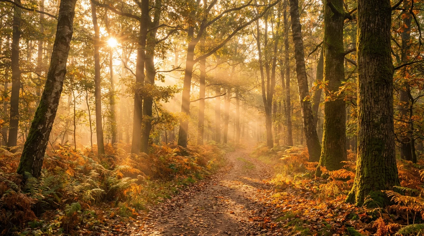 Sunrise light on a quiet woodland path inviting a fresh start.