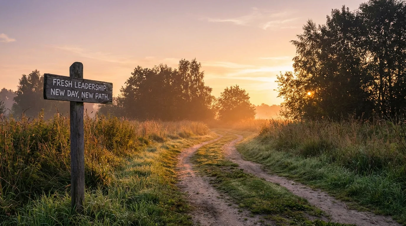 A sunrise over a quiet path suggesting a fresh start for thoughtful leadership.