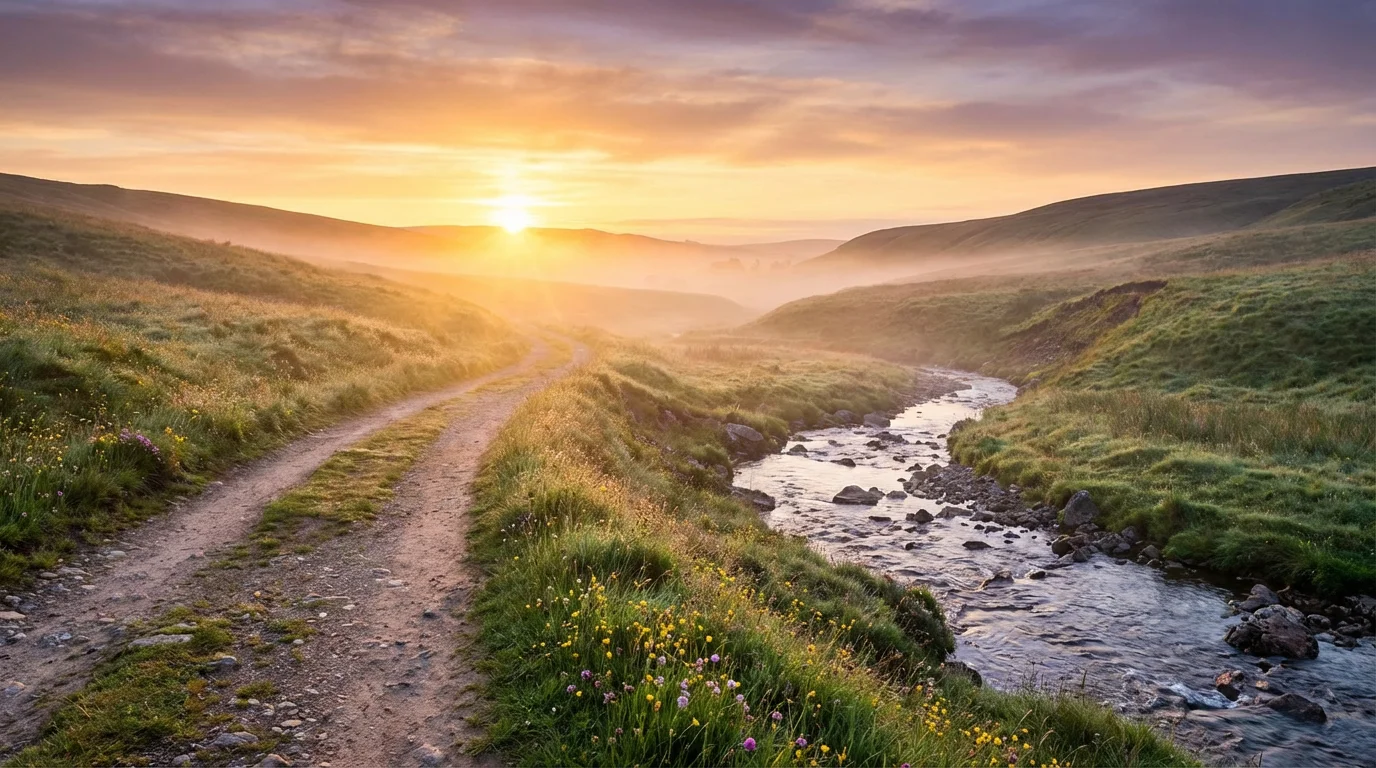 A peaceful sunrise over a winding path by a stream, evoking a fresh start.