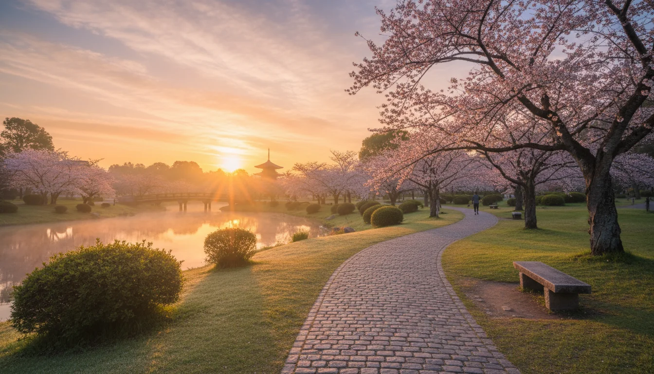 Sunrise over a peaceful path in a park, suggesting a fresh start.