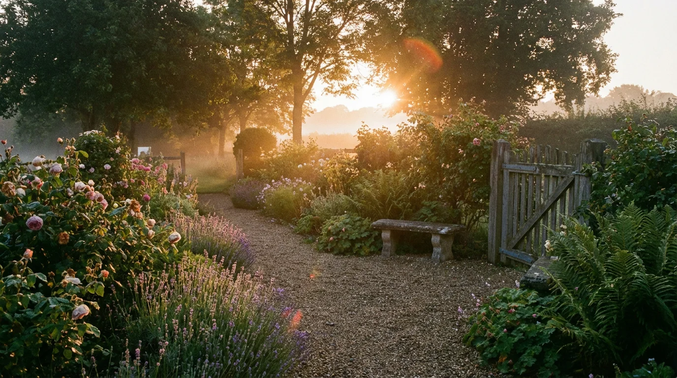 Sunrise over a quiet garden path suggesting new beginnings and steady growth.