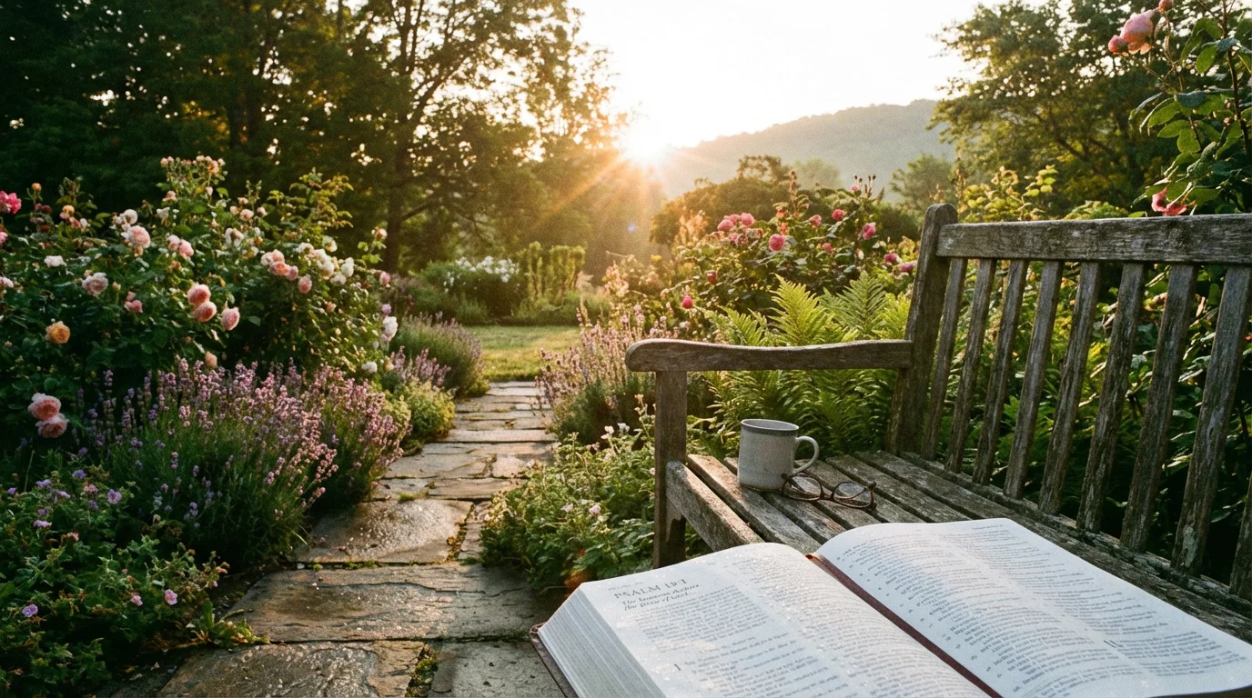 A peaceful garden path at sunrise with an open Bible on a bench.