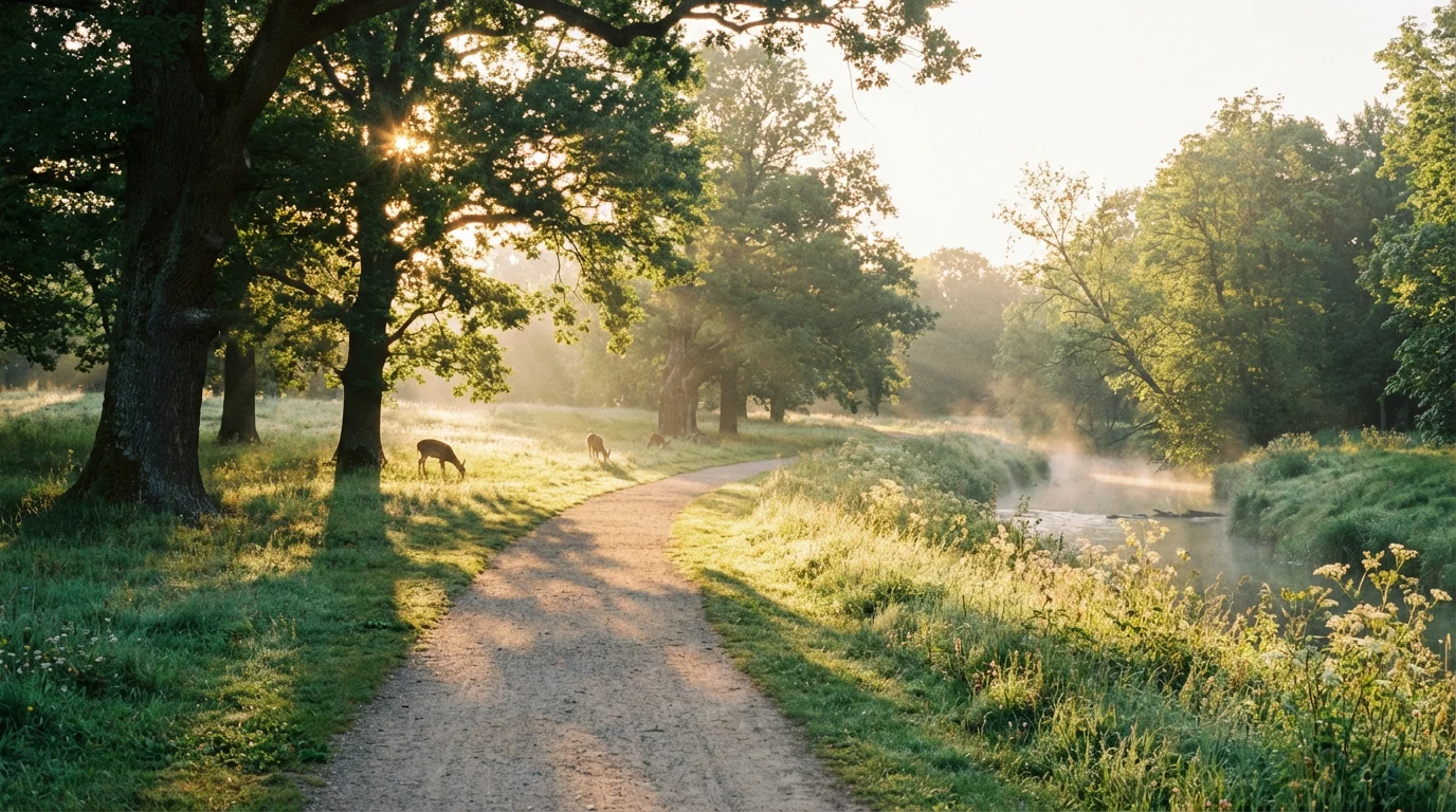 A gentle sunrise lighting a quiet path through a green park.