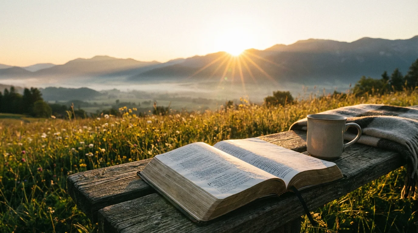 Open Bible on a bench at sunrise along a quiet path.