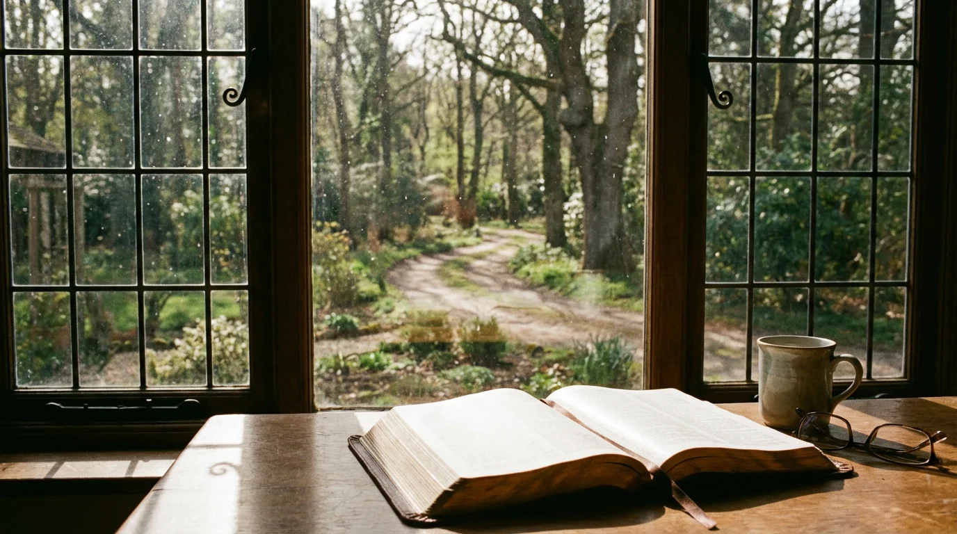 An open Bible by a sunlit window with a quiet path outside.
