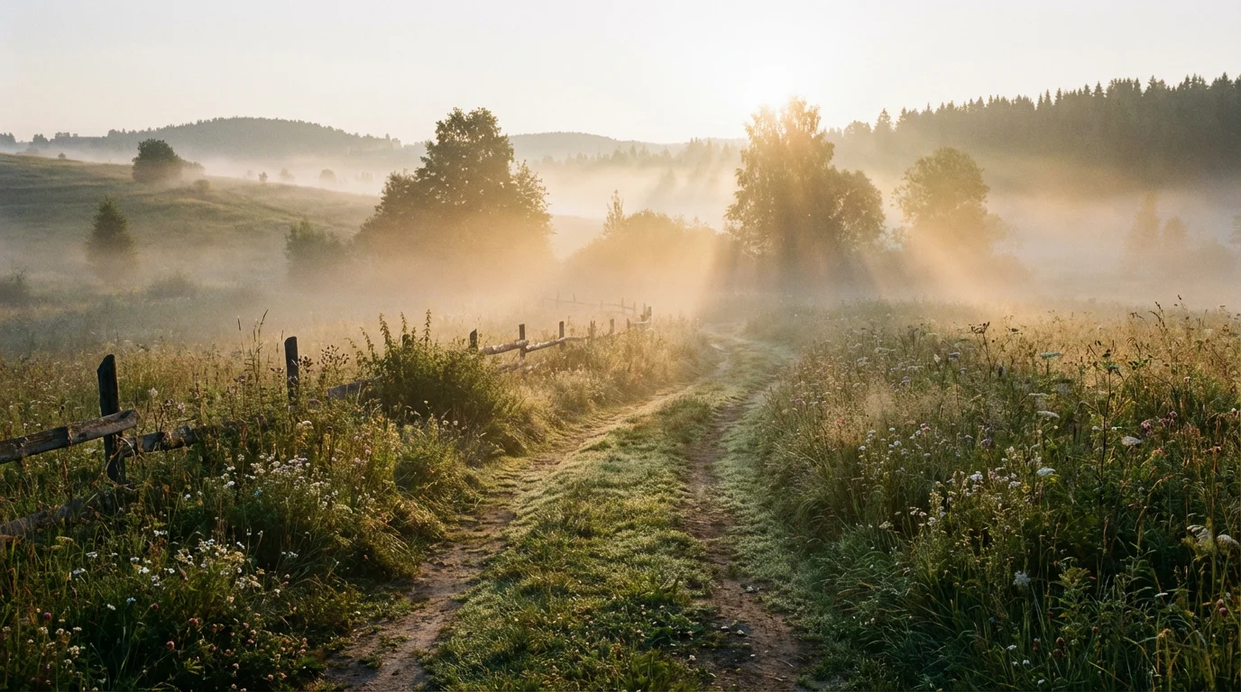 A gentle sunrise over a misty path through a meadow, inviting hope.